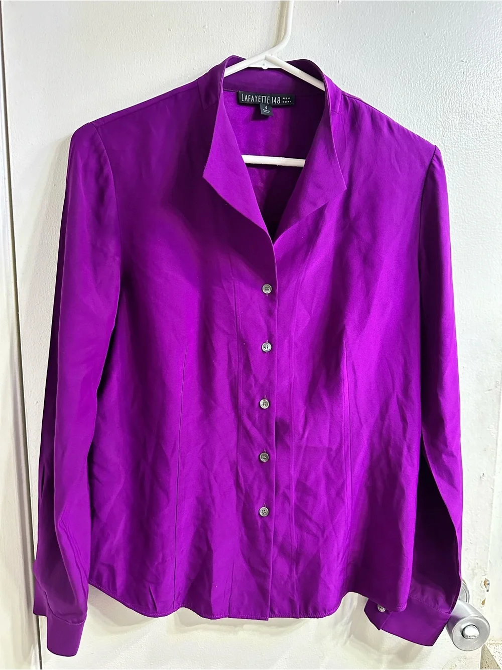 Lafayette 148 New York Magenta Button-Front Silk Shirt - Picture 3 of 9